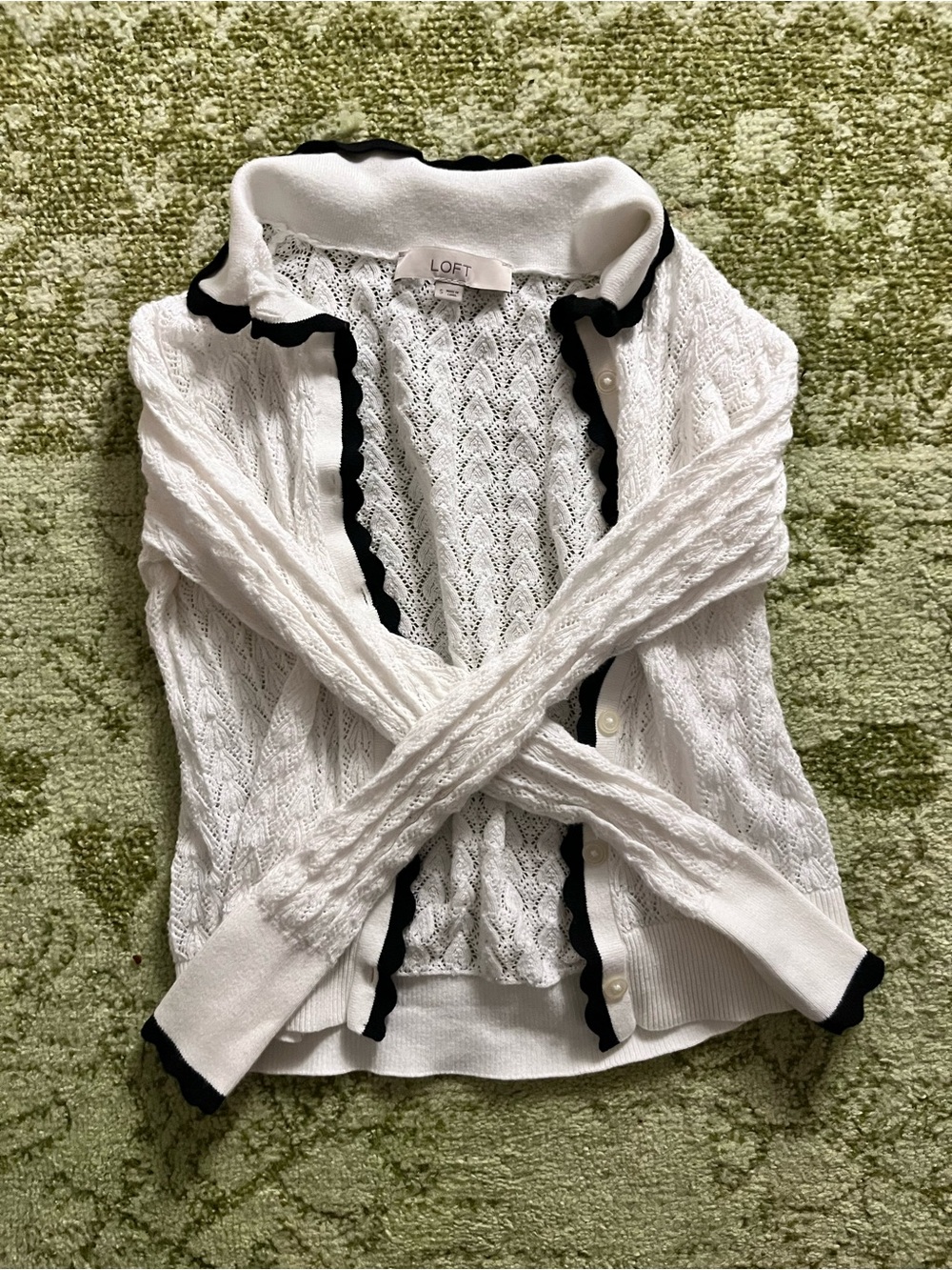 LOFT White Pointelle Button-Up Sweater With Black Scalloped Trim